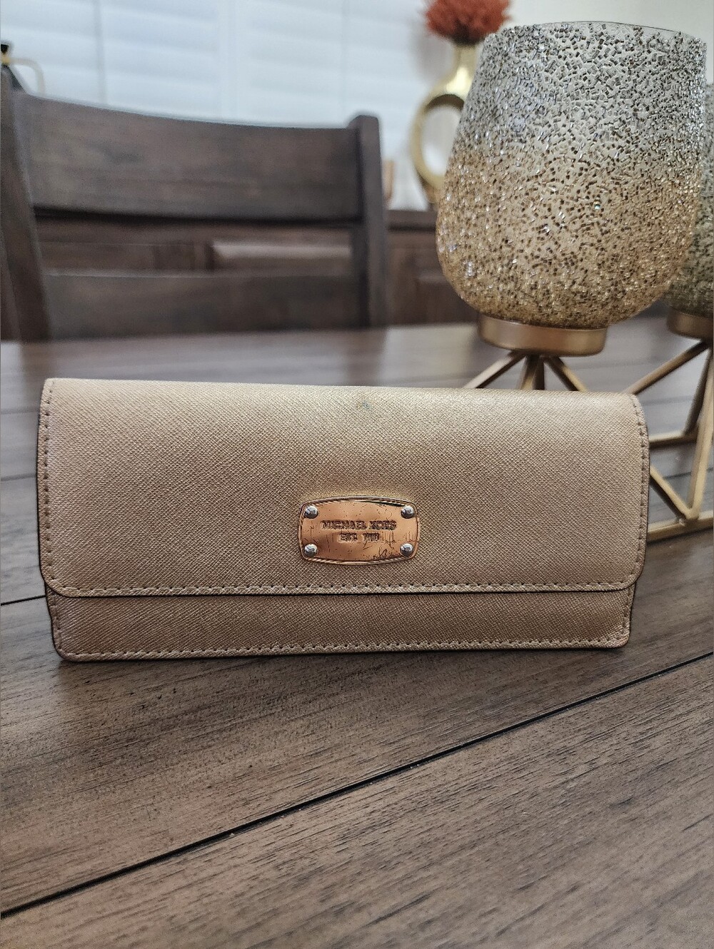 Michael Kors Gold Wallet Clutch In Saffiano Leather